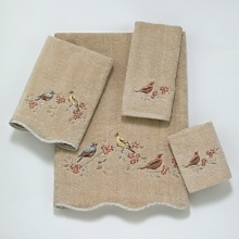 Luxurious sheared velour towel is intricately embroidered with birds perched on branches. Finished with a scalloped edge trimmed in satin binding, the soft coloration makes it a perfect fit for any bathroom decor. Luxurious sheared velour towel is intricately embroidered with birds perched on branches. Finished with a scalloped edge trimmed in satin binding, the soft coloration makes it a perfect fit for any bathroom decor.