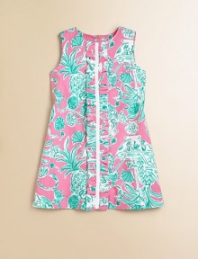 A fun tropical print in a simple silhouette with a pretty ruffle in front.Round necklineSleevelessCenter front ruffle with grosgrain trimBack zipperFully lined75% cotton/25% polyesterMachine washImported A fun tropical print in a simple silhouette with a pretty ruffle in front.Round necklineSleevelessCenter front ruffle with grosgrain trimBack zipperFully lined75% cotton/25% polyesterMachine washImported