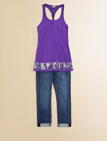 Rendered in plush cotton, this vibrant knit is extra dazzling with a sequin hem and twisted racerback.ScoopneckSleeveless twisted racerbackSequin hemCottonHand washMade in USA Rendered in plush cotton, this vibrant knit is extra dazzling with a sequin hem and twisted racerback.ScoopneckSleeveless twisted racerbackSequin hemCottonHand washMade in USA