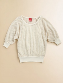 Supremely soft, cotton-rich top in a semi-sheer silhouette with three-quarter sleeves and ribbed trim. RoundneckThree-quarter sleevesRibbed cuffs and hemBody: 74% polyester/18% rayon/4% metallic fibers/4% nylonTrim: 50% cotton/50% modalMachine washImported Supremely soft, cotton-rich top in a semi-sheer silhouette with three-quarter sleeves and ribbed trim. RoundneckThree-quarter sleevesRibbed cuffs and hemBody: 74% polyester/18% rayon/4% metallic fibers/4% nylonTrim: 50% cotton/50% modalMachine washImported