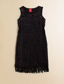 A flapper-inspired sleeveless frock is embellished with a geometric design and fringe hem.JewelneckSleevelessPullover styleFringed hemRayon/SpandexMachine washImported A flapper-inspired sleeveless frock is embellished with a geometric design and fringe hem.JewelneckSleevelessPullover styleFringed hemRayon/SpandexMachine washImported