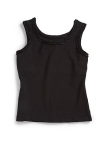 THE LOOKFitted stretch fabricTank stylingSleevelessRuffled ribbon trim at neck and armholesLined bodiceTHE MATERIAL95% cotton/5% spandexCARE & ORIGINMachine washImported THE LOOKFitted stretch fabricTank stylingSleevelessRuffled ribbon trim at neck and armholesLined bodiceTHE MATERIAL95% cotton/5% spandexCARE & ORIGINMachine washImported