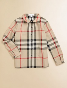 Timeless Peter Pan collar and classic check pattern on a plush cotton button-down design.Peter Pan collarLong sleeves with button tab cuffsButton-frontCottonMachine washImported Timeless Peter Pan collar and classic check pattern on a plush cotton button-down design.Peter Pan collarLong sleeves with button tab cuffsButton-frontCottonMachine washImported