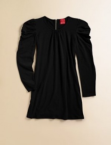 A loose-fitting silhouette with gathered Princess sleeves and bodice. Crewneck Long sleeves Exposed back zipper Cotton/modal/spandex Machine wash Imported A loose-fitting silhouette with gathered Princess sleeves and bodice. Crewneck Long sleeves Exposed back zipper Cotton/modal/spandex Machine wash Imported
