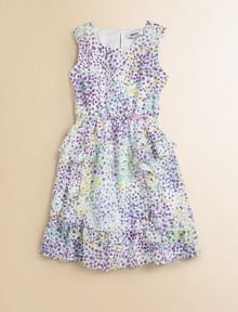 Beautiful crepe dress is finished off with colorful dots and lots of sweet ruffles for a glamorous look.JewelneckSleevelessBack keyhole buttonElastic waistband with bowRuffled hemFully linedPolyesterMachine washImported Beautiful crepe dress is finished off with colorful dots and lots of sweet ruffles for a glamorous look.JewelneckSleevelessBack keyhole buttonElastic waistband with bowRuffled hemFully linedPolyesterMachine washImported