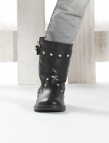 Supple leather boots adorned with studs and adjustable buckle strap.Side zipperLeather upperLeather liningRubber solePadded insoleImported Supple leather boots adorned with studs and adjustable buckle strap.Side zipperLeather upperLeather liningRubber solePadded insoleImported
