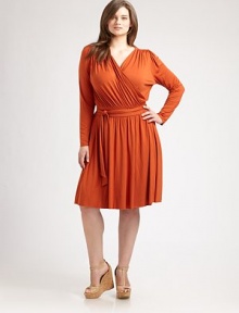 Wrap yourself in style this season with this chic, jersey dress. Featuring a universally flattering silhouette and waist-defining belt, there is so much to love about this design.V-necklineLong sleevesWrap-front designSelf-tie beltAbout 38 from shoulder to hem92% modal/8% spandexDry cleanMade in USA