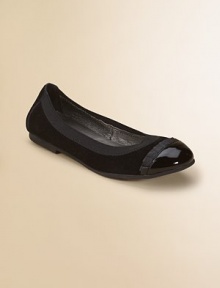 Dual suede and patent leather fabrics and a ruffle detail add chic style to this classic silhouette. Slip-on style Suede and patent leather upper Rubber sole Padded insole Pigskin lining Imported Dual suede and patent leather fabrics and a ruffle detail add chic style to this classic silhouette. Slip-on style Suede and patent leather upper Rubber sole Padded insole Pigskin lining Imported