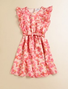 Flowy chiffon, adorned with a colorful floral print and offset by ruffled, butterfly sleeves.JewelneckButterfly sleevesBack keyhole buttonBelted waistFull skirtPolyester chiffonMachine washImported