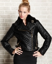 Make a statement in this edgy faux-leather cropped moto jacket from Baby Phat! A chic removable faux-fur collar, on-trend quilting, and sleek buckle and zipper accents create a spellbinding look fit for the fiercest of chicks! Make a statement in this edgy faux-leather cropped moto jacket from Baby Phat! A chic removable faux-fur collar, on-trend quilting, and sleek buckle and zipper accents create a spellbinding look fit for the fiercest of chicks!