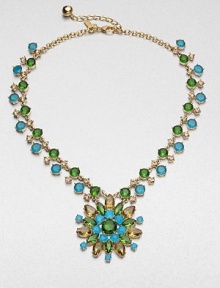 Make a colorful statement in this pretty radial pendant set in 12k goldplating on a stone link necklace. 12k goldplated brassPlastic stonesLength, about 18Pendant size, about .87Lobster clasp closureImported Make a colorful statement in this pretty radial pendant set in 12k goldplating on a stone link necklace. 12k goldplated brassPlastic stonesLength, about 18Pendant size, about .87Lobster clasp closureImported