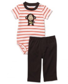 He will be bananas over this 2 piece combination bodysuit and pant set with embroidery and applique details by Carter's. Bodysuit has snaps at shoulder and leg openings for easy changes. He will be bananas over this 2 piece combination bodysuit and pant set with embroidery and applique details by Carter's. Bodysuit has snaps at shoulder and leg openings for easy changes.