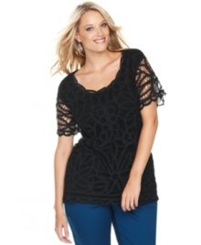 Sheer perfection: INC's short sleeve plus size top, featuring an elegant lace front-- dress it up with trousers or down with denim. Sheer perfection: INC's short sleeve plus size top, featuring an elegant lace front-- dress it up with trousers or down with denim.
