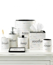 An adorable typeface presents repeating synonyms in sweet pastels upon this ceramic lotion pump, offering a smart and simple update for any bathroom. An adorable typeface presents repeating synonyms in sweet pastels upon this ceramic lotion pump, offering a smart and simple update for any bathroom.