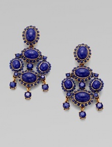 An elegant style with hand-poured resin cabochons in a beautiful, 24k goldplated chandelier design. Resin stones24k gold plated brass and pewterLength, about 3Clip-on backMade in USA An elegant style with hand-poured resin cabochons in a beautiful, 24k goldplated chandelier design. Resin stones24k gold plated brass and pewterLength, about 3Clip-on backMade in USA
