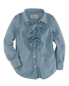 Inspired by the boys, this button-front chambray shirt gets a girly makeover with a frilly ruffle trim along the front. Inspired by the boys, this button-front chambray shirt gets a girly makeover with a frilly ruffle trim along the front.