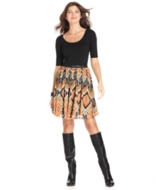 Grace Elements' dress features a solid bodice and boldly printed skirt--an eye-catching fall look that's amazing with a pair of tall black boots! (Clearance)