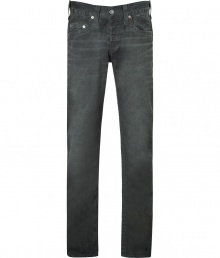 Stylishly distressed, these bold hued jeans from True Religion inject trend-right cool into your casual look - Five-pocket styling, whiskering, distinctive logo back pockets, slim fit, straight leg - Wear with a graphic tee, a leather jacket, and boots Stylishly distressed, these bold hued jeans from True Religion inject trend-right cool into your casual look - Five-pocket styling, whiskering, distinctive logo back pockets, slim fit, straight leg - Wear with a graphic tee, a leather jacket, and boots
