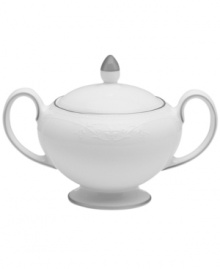 Like traditional embroidery, the Wedgwood English Lace sugar bowl is meticulously crafted with delicate florals, all embossed in fine bone china that's remarkably dishwasher safe. With platinum banding. Like traditional embroidery, the Wedgwood English Lace sugar bowl is meticulously crafted with delicate florals, all embossed in fine bone china that's remarkably dishwasher safe. With platinum banding.