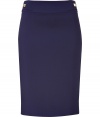 Elevate your party-ready separates with this figure-hugging pencil skirt from Versace - Wide waistband with logo button detail, pencil silhouette, back vent, concealed back zip closure - Style with a tie-neck blouse, a blazer, and platform heels