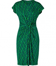 Elegant, stylish dress in fine, patterned pure silk - Designed by British it label, Issa - Decorative graphic print in a deep royal blue and green - Uncommonly soft, flattering feel and look - Narrow silhouette with an elegant knot-draping at front - Small, round neckline and cut short sleeves - Gathered, decorated skirt falls just above the knee - Versatile and convenient, easy to wear to work, events and parties - Pair with sandals, boots or peep toe heels