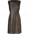 Shimmer into cocktail hour elegance in DKNYs antique gold lace sheath, detailed with black trimmed structural seaming for a flawless feminine fit - Round neckline, sleeveless, metal back zip - Tailored fit - Wear with a cashmere cardigan and sleek platform peep-toes