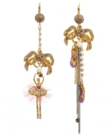 Would you care to dance? A delicate ballerina (complete with a pink tulle tutu) and glittering ballet slippers are the main themes of Betsey Johnson's mismatched yet chicly coordinated linear earrings. Featuring bows, crystals, glass pearls and multiple chains, they're made in gold tone mixed metal. Approximate drop: 4-1/2 inches, 5-1/4 inches. Would you care to dance? A delicate ballerina (complete with a pink tulle tutu) and glittering ballet slippers are the main themes of Betsey Johnson's mismatched yet chicly coordinated linear earrings. Featuring bows, crystals, glass pearls and multiple chains, they're made in gold tone mixed metal. Approximate drop: 4-1/2 inches, 5-1/4 inches.