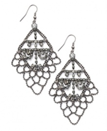 Lovely in lace. Bar III's elaborate drop earrings feature a diamond-shaped design. Ornate hematite-plated mixed metal combines with sparkling jet glass crystals. Approximate drop: 2-1/2 inches.