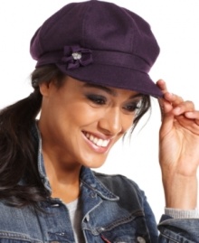 Feminine but not frilly, this wool blend August newsboy gets some extra allure with a sparkling floral accent. Feminine but not frilly, this wool blend August newsboy gets some extra allure with a sparkling floral accent.