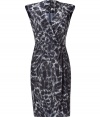 Luxurious dress in fine, steel blue silk - Elegant print, feminine cut - Slim, with sophisticated wrap and waist draping and V-neck - Sleeveless - A dream dress that skillfully shows off feminine curves - Straight skirt in a pleasant thigh length - Style: combine with boots or platform pumps