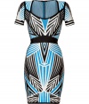 Electrify your after-dark looks with Herv? L?gers striking tri-tone printed bandage dress - Scoop neck, fitted short sleeves, bandage style with figure-hugging multi-panels, black banded waist concealed back zip closure - Extra form-fitting - Style with platform pumps and a statement clutch