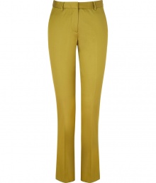 Stylish pants in fine, light green cotton and nylon blend - Truly comfortable, thanks to a touch of stretch - Slim cut flares gently at hem, crease detail accentuates a long, lean silhouette - Tab closure, with zip fly and belt loops - Medium rise, with chic, single white button and contrast white fabric trim at back pocket - Versatile and polished, an indispensable basic -  Style with light cashmere pullovers, silk blouses and draped tops