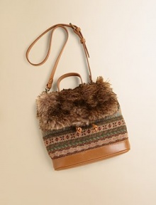 Rendered in a combination of luxuriously soft faux fur and classic Fair Isle, an adorable bag features a flap closure with faux leather detailing for a cute, modern look.Single top handleTop snap-flap closureDetachable shoulder strapInterior drawstringInside patch pocket with faux leather trimFully lined plaid interiorReinforced faux leather bottom77% wool/23% cottonTrim: 83% acrylic/17% polyesterImported Rendered in a combination of luxuriously soft faux fur and classic Fair Isle, an adorable bag features a flap closure with faux leather detailing for a cute, modern look.Single top handleTop snap-flap closureDetachable shoulder strapInterior drawstringInside patch pocket with faux leather trimFully lined plaid interiorReinforced faux leather bottom77% wool/23% cottonTrim: 83% acrylic/17% polyesterImported