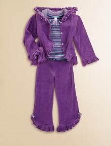 Crafted in plush velour with ruffled trim, this cozy two-piece set is perfect for lounging around or styling on the streets. Hoodie Attached hood with ruffled trimLong sleeves with ruffled cuffsButton-frontRuffled hem Yoga Pants Fold-down waistbandRuffled, split hem80% cotton/CVC velourMachine washImported Please note: Number of buttons may vary depending on size ordered. Crafted in plush velour with ruffled trim, this cozy two-piece set is perfect for lounging around or styling on the streets. Hoodie Attached hood with ruffled trimLong sleeves with ruffled cuffsButton-frontRuffled hem Yoga Pants Fold-down waistbandRuffled, split hem80% cotton/CVC velourMachine washImported Please note: Number of buttons may vary depending on size ordered.