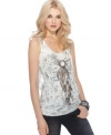 Go for a southwest-inspired look with this dream-catcher printed Miss Me tank -- fringe & stud details accent the style!