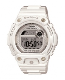 Grab your board and hit the waves with this BLX series Baby-G watch. White resin strap and round case. Shock-resistant silver tone dial with positive digital display features tide graph, EL backlight, world time, multiple alarms, stopwatch, countdown timer, 12/24 hour formats and mute function. Digital movement. Water resistant to 200 meters. One-year limited warranty. Grab your board and hit the waves with this BLX series Baby-G watch. White resin strap and round case. Shock-resistant silver tone dial with positive digital display features tide graph, EL backlight, world time, multiple alarms, stopwatch, countdown timer, 12/24 hour formats and mute function. Digital movement. Water resistant to 200 meters. One-year limited warranty.