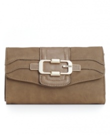 With tons of card slots, a secure zip pocket and a bill fold, this GUESS clutch wallet stylishly organizes your financial essentials. With tons of card slots, a secure zip pocket and a bill fold, this GUESS clutch wallet stylishly organizes your financial essentials.