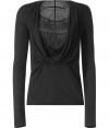 Luxurious top in fine black rayon - very comfortable and soft quality - elegant cowl neck with glamorous lace inlay - slim and figure hugging cut, slightly waist fitted - long slim sleeves - a dream top, sophisticated yet fashionable and sexy - a hit with pencil skirts or leather pants