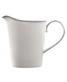 A graceful, classic shape makes this creamer the perfect complement to the Dentelle Covered Sugar Bowl. From innovative designer Monique Lhullier, it features a platinum-edged tiered scallop pattern on creamy white. A graceful, classic shape makes this creamer the perfect complement to the Dentelle Covered Sugar Bowl. From innovative designer Monique Lhullier, it features a platinum-edged tiered scallop pattern on creamy white.
