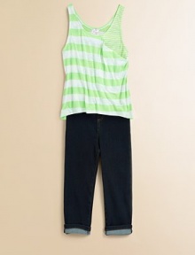 A new twist on classic denim, this cozy, cropped pair is crafted in a stylish dark-wash for your little fashionista.Pull-on styleElastic waistbandFaux-flyTwo front slash pocketsTwo back patch pockets73% cotton/26% polyester/1% spandexMachine washImported A new twist on classic denim, this cozy, cropped pair is crafted in a stylish dark-wash for your little fashionista.Pull-on styleElastic waistbandFaux-flyTwo front slash pocketsTwo back patch pockets73% cotton/26% polyester/1% spandexMachine washImported