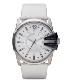 Unexpected details give a futuristic edge to this white-out watch by Diesel. White leather strap and round stainless steel case with blue ion-plated crown protector featuring logo. White sunray dial features applied blue and gray numerals and stick indices and luminous hands. Quartz movement. Water resistant to 100 meters. Two-year limited warranty. Unexpected details give a futuristic edge to this white-out watch by Diesel. White leather strap and round stainless steel case with blue ion-plated crown protector featuring logo. White sunray dial features applied blue and gray numerals and stick indices and luminous hands. Quartz movement. Water resistant to 100 meters. Two-year limited warranty.