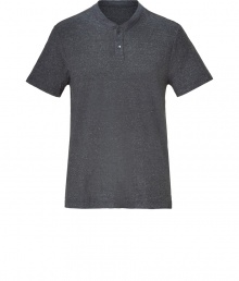 Grey melange cotton makes this classic shirt from LA label James Perse extremely comfortable - Traditional cut with a round neck, short button placket and short sleeves - Versatile, everyday piece looks great solo with jeans, chinos or corduroy, or under a sweater or jacket Grey melange cotton makes this classic shirt from LA label James Perse extremely comfortable - Traditional cut with a round neck, short button placket and short sleeves - Versatile, everyday piece looks great solo with jeans, chinos or corduroy, or under a sweater or jacket