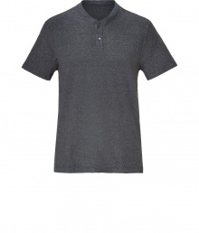 Grey melange cotton makes this classic shirt from LA label James Perse extremely comfortable - Traditional cut with a round neck, short button placket and short sleeves - Versatile, everyday piece looks great solo with jeans, chinos or corduroy, or under a sweater or jacket