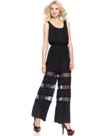 Lace insets add sheer style to this BCBGeneration jumpsuit, perfect for channeling a glam-seventies spring look! Lace insets add sheer style to this BCBGeneration jumpsuit, perfect for channeling a glam-seventies spring look!