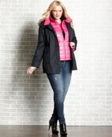 Fend off the frost with Dollhouse's plus size coat, featuring a faux fur hood and removable puffer vest.