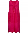 Stylish sleeveless dress in fine, magenta silk - Chic jacquard print - Flattering drape, fabric falls beautifully - On-trend, relaxed silhouette - Deep V neck with contrast piping and knot detail at chest - Decorative pleating at back - A great dress for vacation, relaxation and parties - Pair with ballet flats or sandals and style with bold metal jewelry