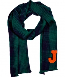Quietly elegant and effortlessly cool, Jil Sanders navy and green wool scarf ups the ante on preppy chic - Supremely soft, lighter weight knit in a rich, classically cool plaid - Decorative varsity letter J at hem and delicate fringe trim - Moderately long and wide and ultra-versatile - Pair with everything from cashmere pullovers and skinny denim to pencil skirts and long cardigans Quietly elegant and effortlessly cool, Jil Sanders navy and green wool scarf ups the ante on preppy chic - Supremely soft, lighter weight knit in a rich, classically cool plaid - Decorative varsity letter J at hem and delicate fringe trim - Moderately long and wide and ultra-versatile - Pair with everything from cashmere pullovers and skinny denim to pencil skirts and long cardigans