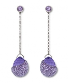 Purple reigns on these regal, elegant linear earrings from Swarovski. Delicately dangling from silver tone mixed metal chains, lovely lilac-hued crystals are adorned by vibrant violet crystal Pointiage for a dazzling effect. Approximate drop: 2-4/10 inches. Purple reigns on these regal, elegant linear earrings from Swarovski. Delicately dangling from silver tone mixed metal chains, lovely lilac-hued crystals are adorned by vibrant violet crystal Pointiage for a dazzling effect. Approximate drop: 2-4/10 inches.