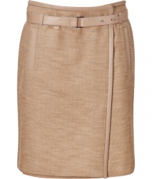 Amp up your workweek style with this ladylike wrap skirt from Tara Jarmon - Wrap style with leather belt at waist, front welt pockets, leather trim - Pair with a silk blouse, nude fishnets, and platform pumps Amp up your workweek style with this ladylike wrap skirt from Tara Jarmon - Wrap style with leather belt at waist, front welt pockets, leather trim - Pair with a silk blouse, nude fishnets, and platform pumps