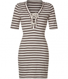 Stylish dress in fine cotton - fashionable stripe in brown and ivory - elegant details like decorative laced bodice and sleeves in new half-length - slim and racy, V-neck and mini-skirt - a knock-out for summer parties and other nice occasions - put it with trendy wedge sandals or platform pumps Stylish dress in fine cotton - fashionable stripe in brown and ivory - elegant details like decorative laced bodice and sleeves in new half-length - slim and racy, V-neck and mini-skirt - a knock-out for summer parties and other nice occasions - put it with trendy wedge sandals or platform pumps